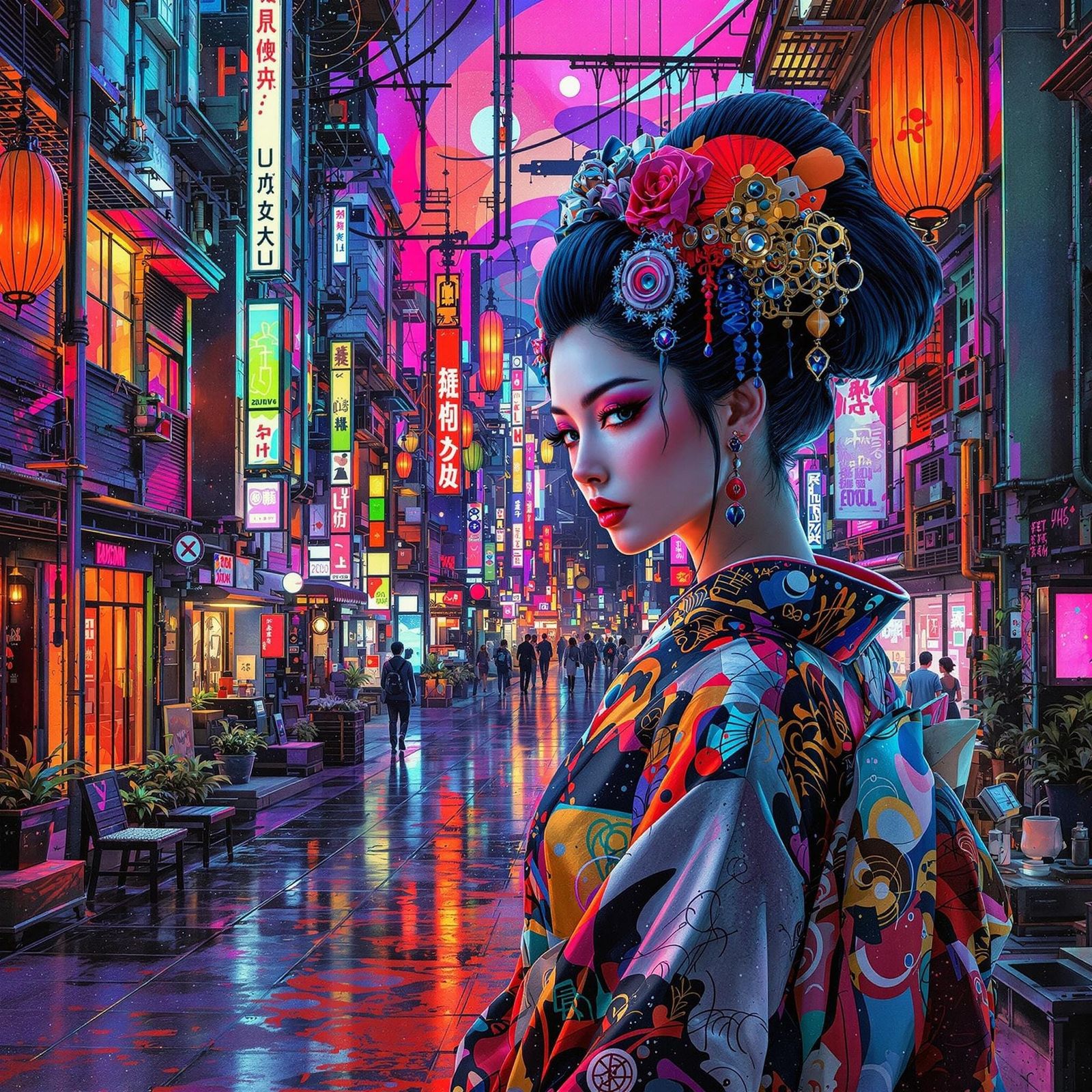 Surreal Geisha Oasis in Neon-Lit, Metallic Splendor