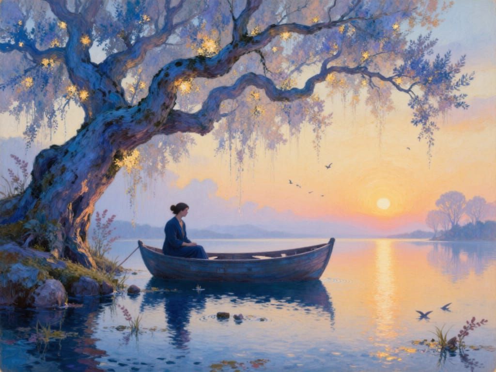Dreamlike Dusk Scene: Boat, Figure, and Gnarled Tree