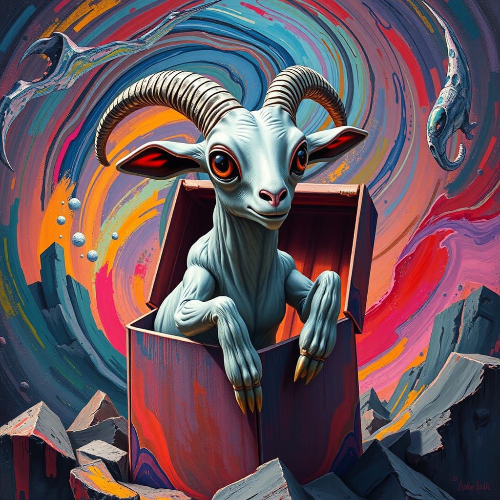 Surreal Goat in a Swirling Action Figure Box