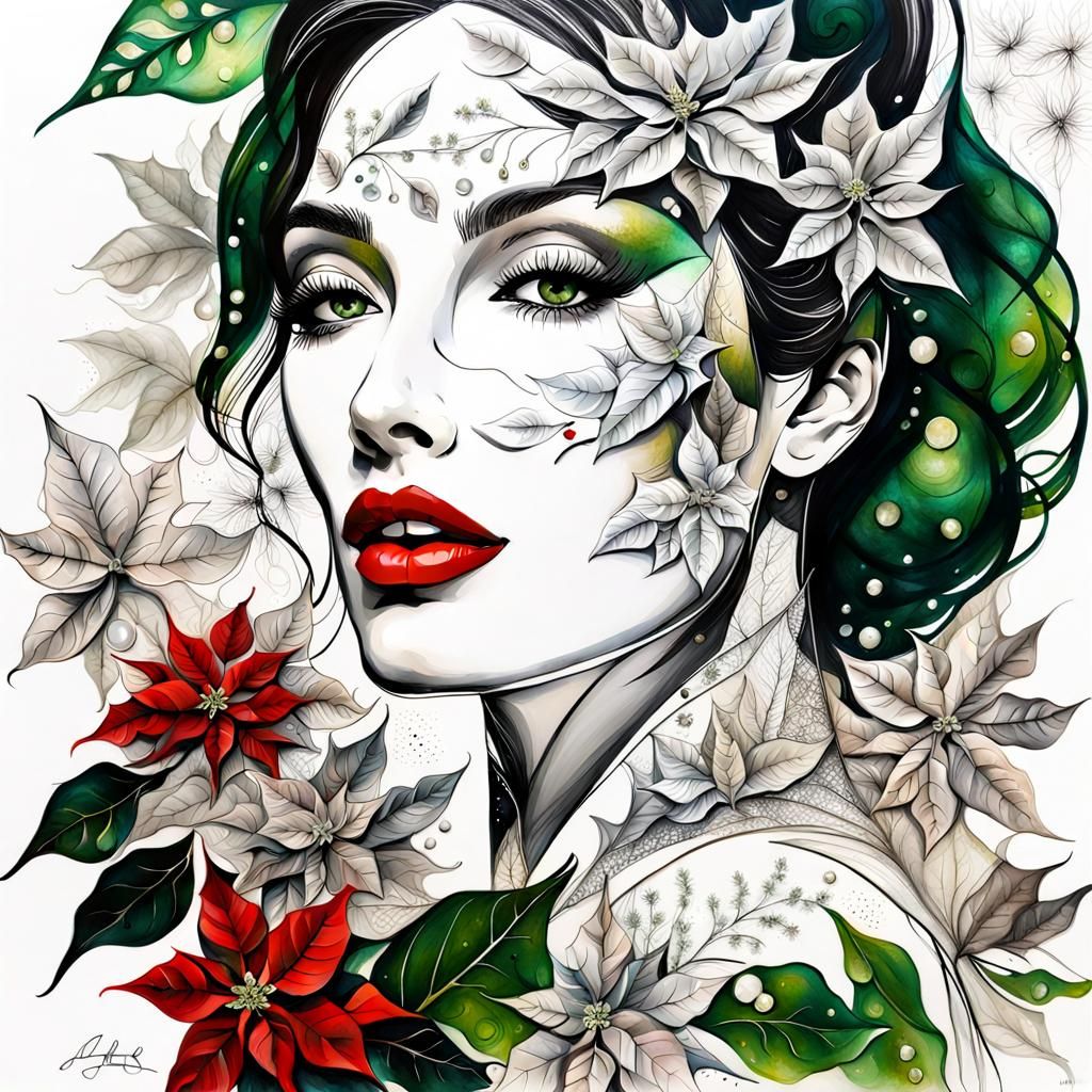 Elegant Christmas Lady in Mixed Media Double Exposure