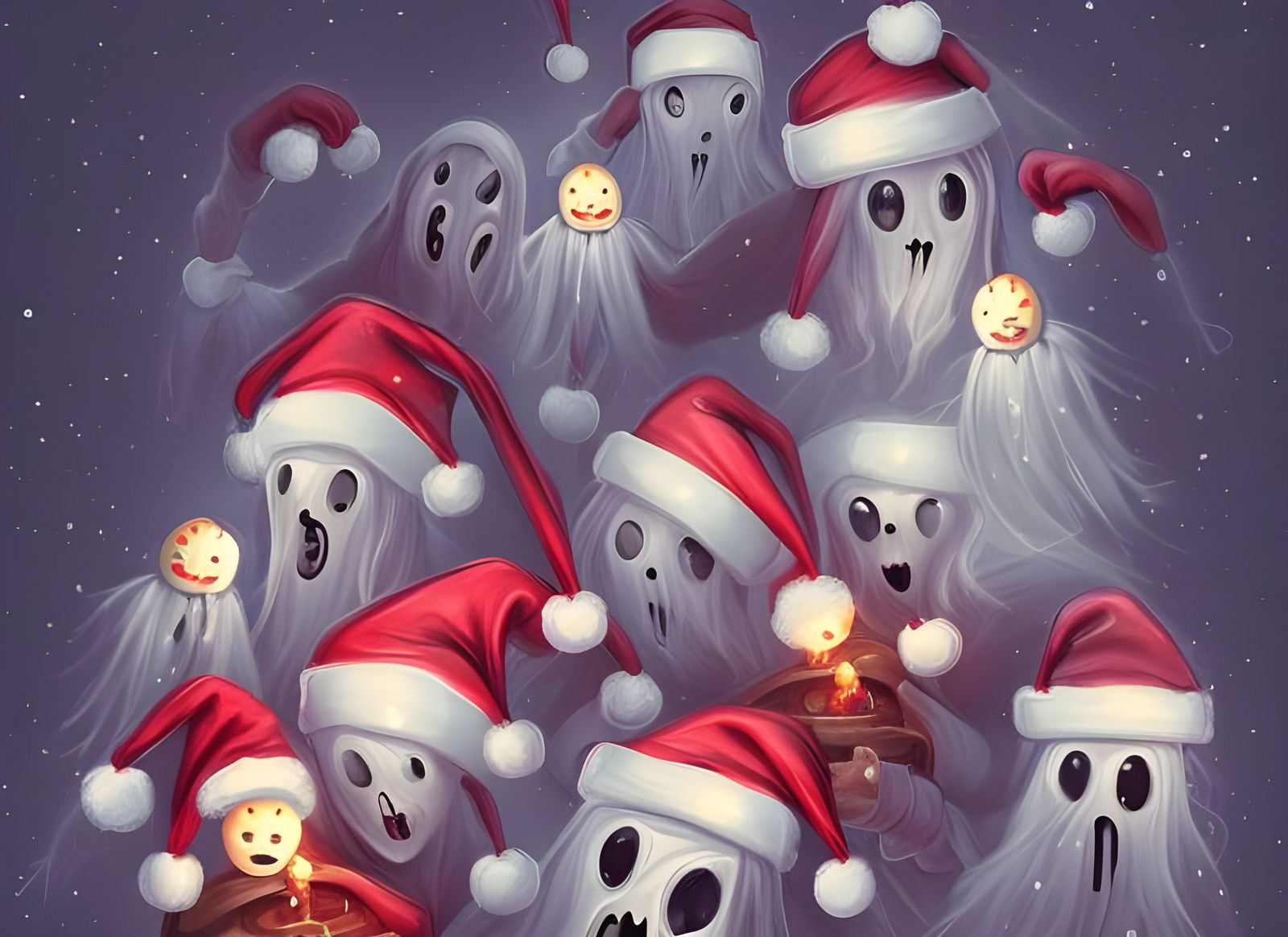 Cute Christmas Caroling Ghosts: Digital Art Illustration