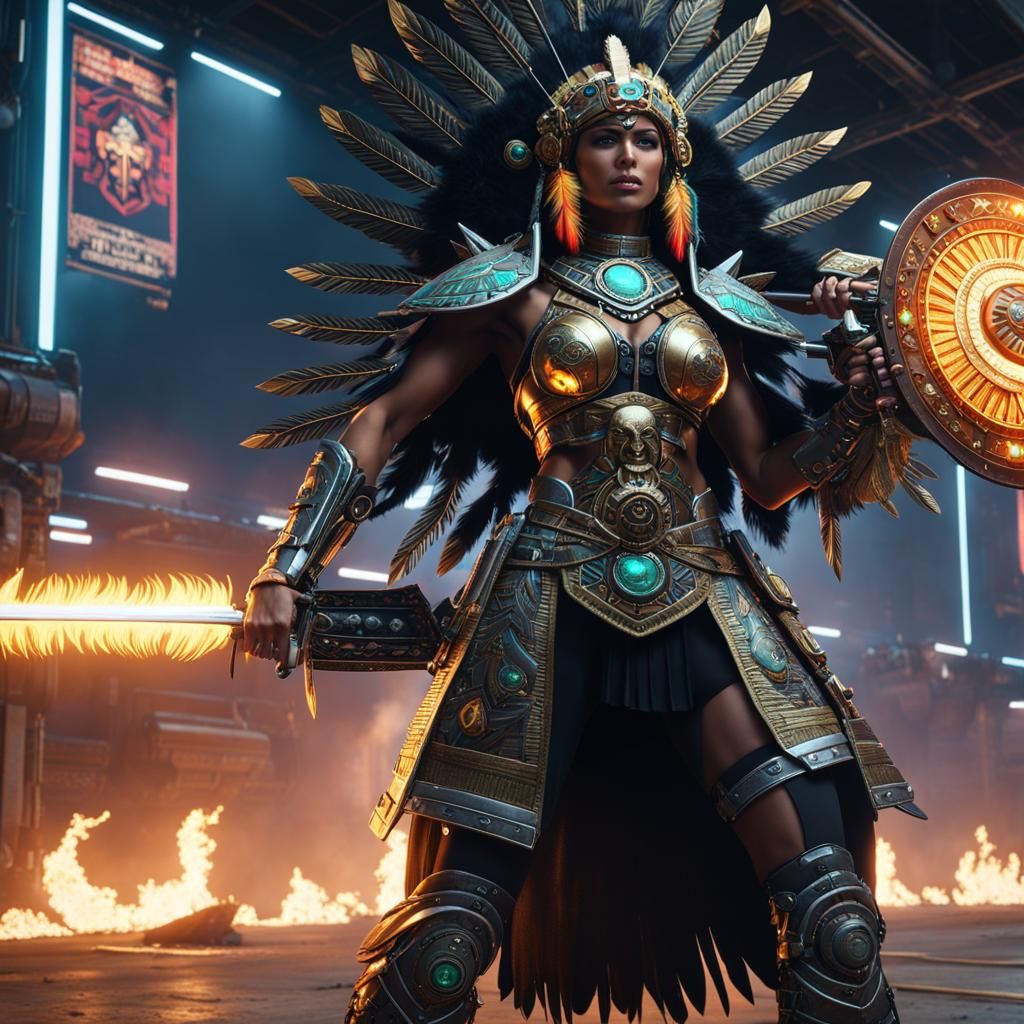 Aztec Warrior Woman with Flaming Sword in Cyberpunk Style