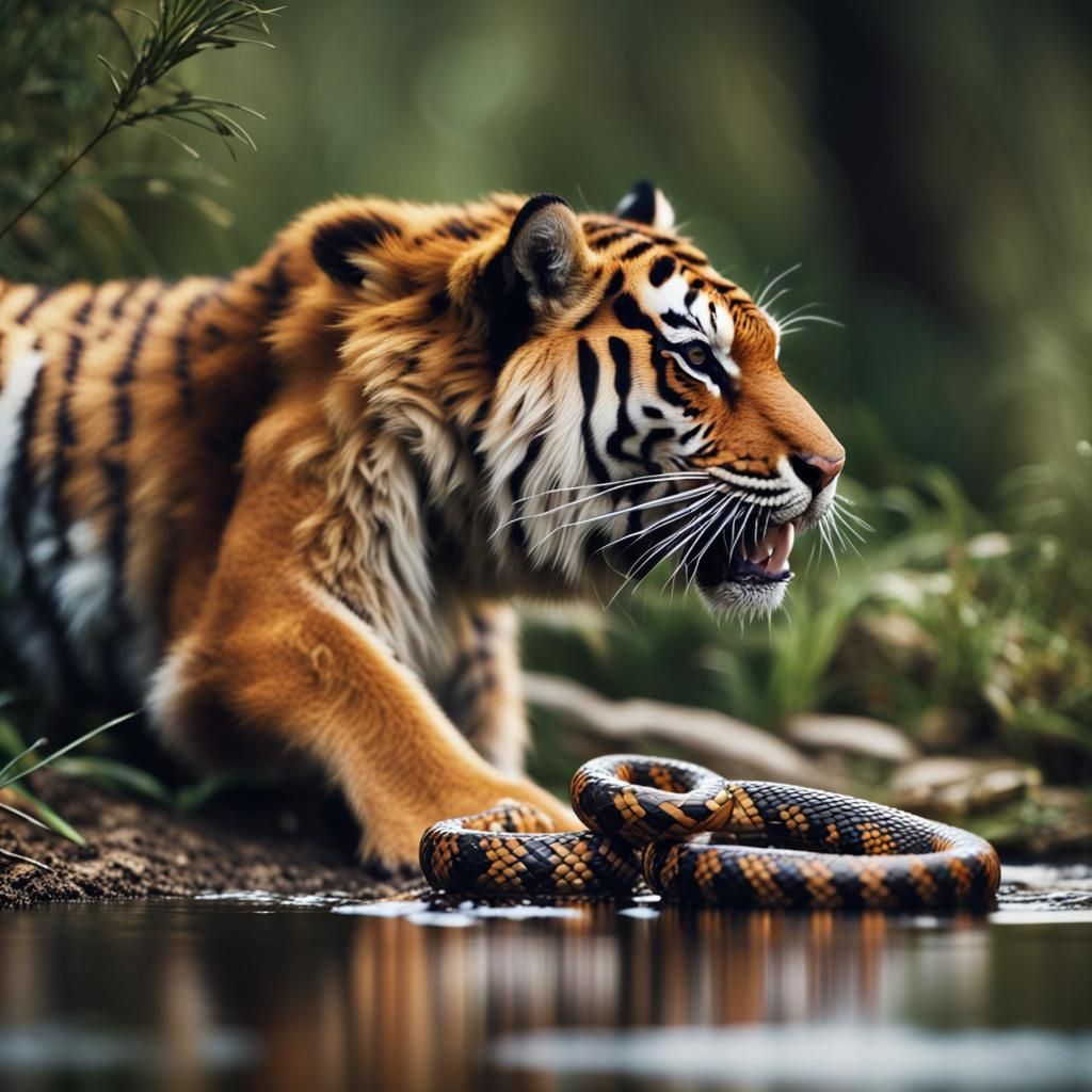 A tiger feasting on a snake beside a creek creates a strikin...