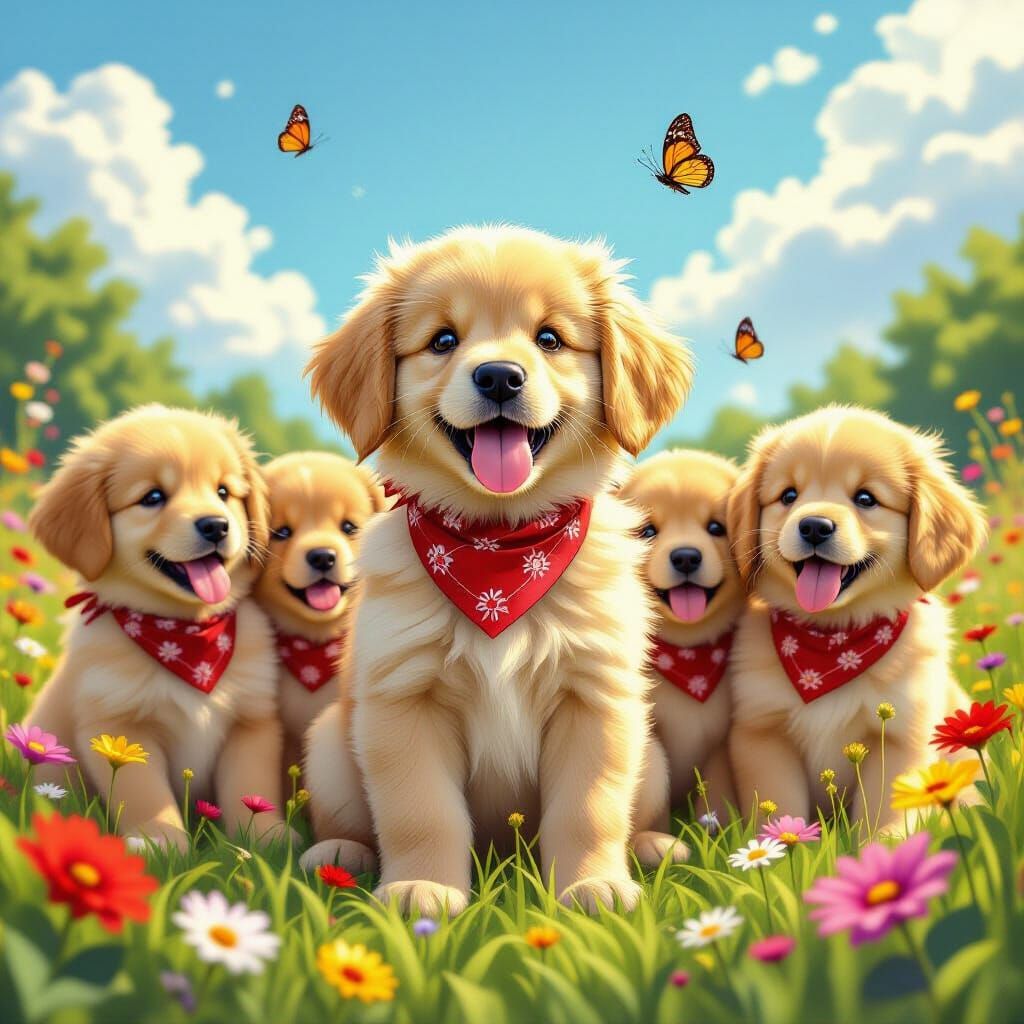Cute Golden Retriever Puppies in Wildflower Garden