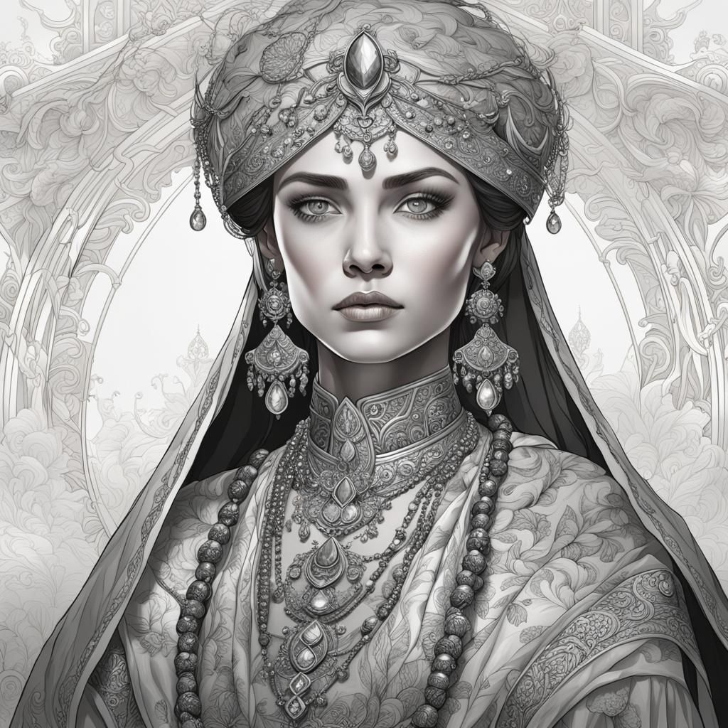 Russian Princess Coloring Book Page in Black and White