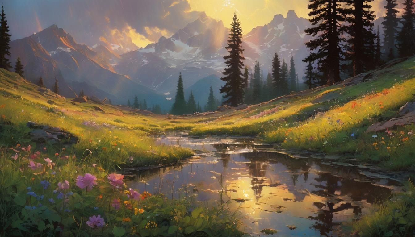 Mountain Meadow at Dusk: Romantic Landscape Painting