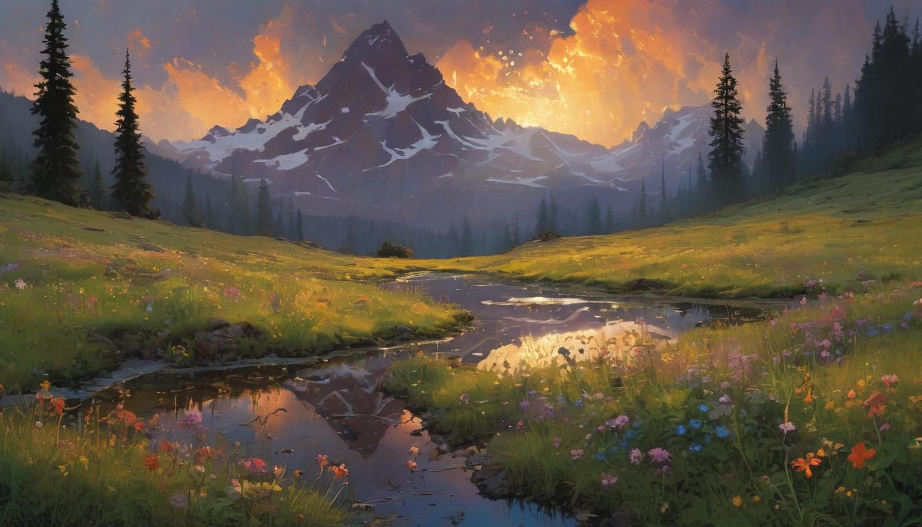 Mountain Meadow at Sunset: Romantic Landscape Painting