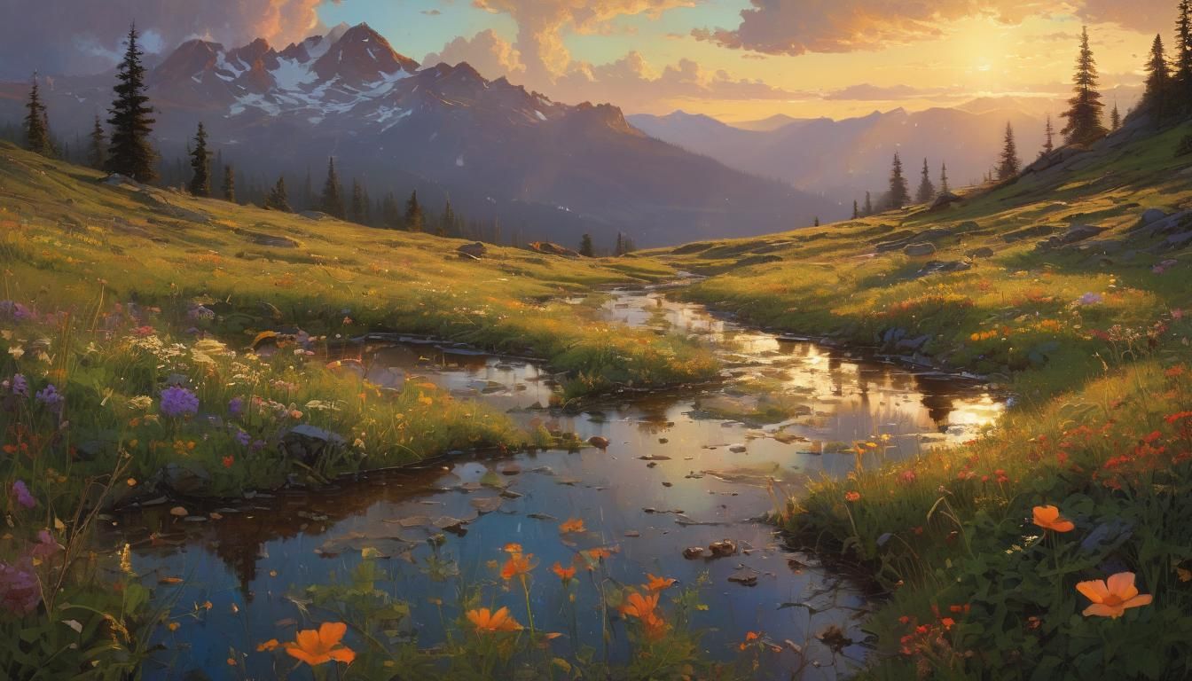 Mountain Meadow at Dusk: A Surreal Landscape Painting