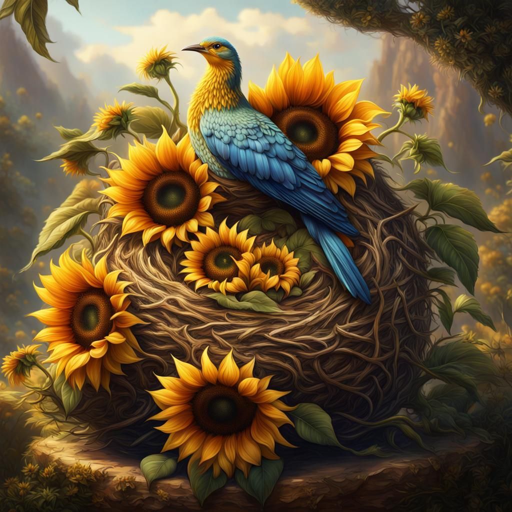 Depict a beautiful sunflower arrangement nestled within a large, ornamental bird's nest, merging the ideas of nurture, p...