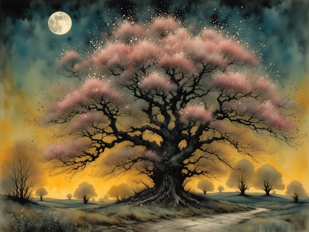 Cherry Tree Avenue at Dusk: Detailed Landscape