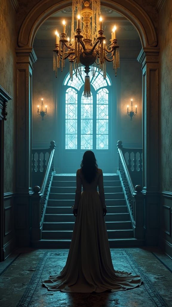 Victorian Woman in Grand Entrance Hall at Dusk