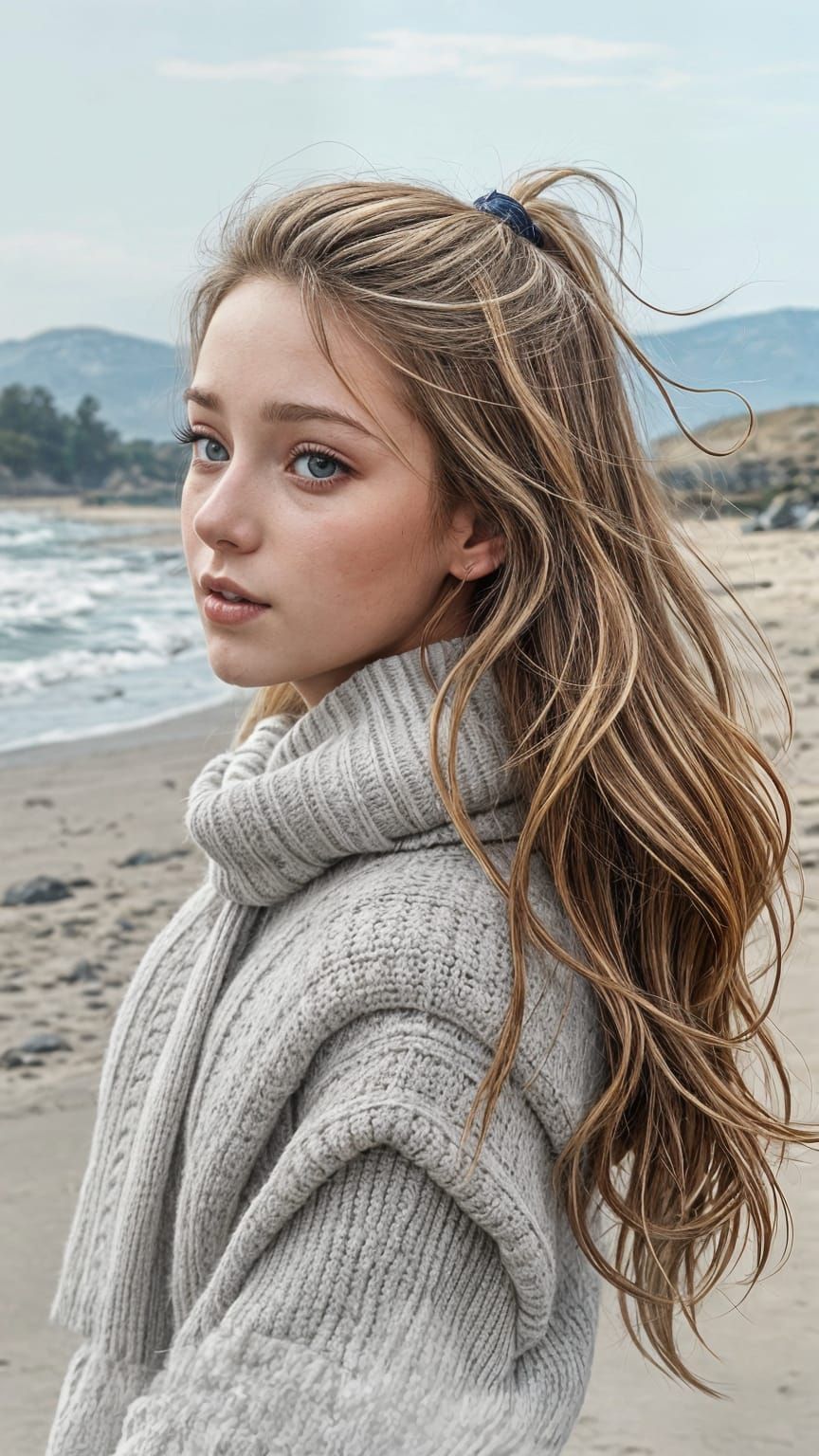 Pretty Blonde Teenager at Cold Beach in Anime Style