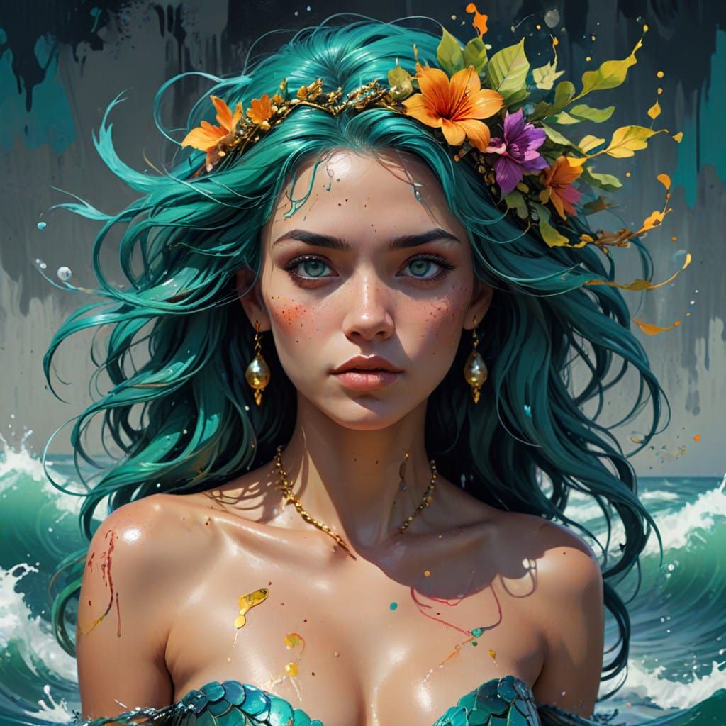 Seductive Mermaid Dances in Vibrant Graffiti Sea