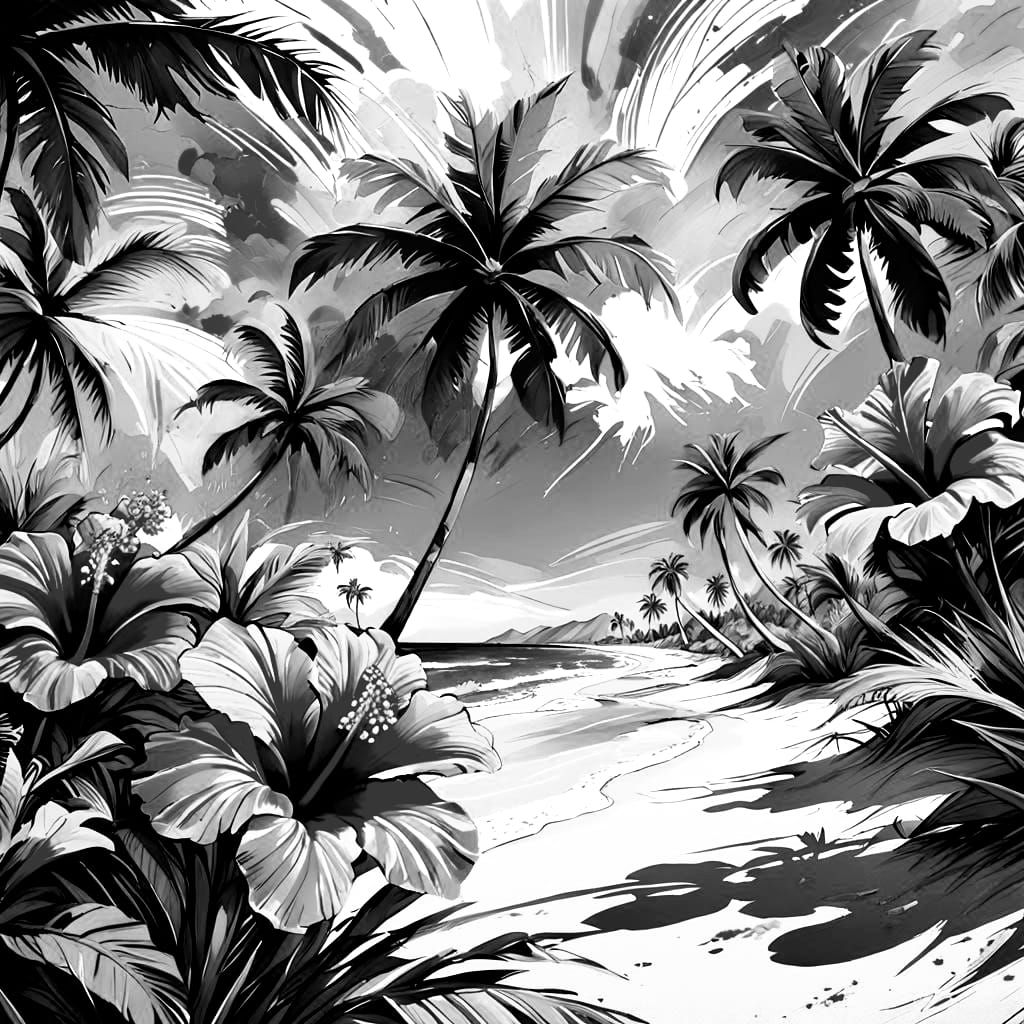 Black and White Beach Scene Coloring Page