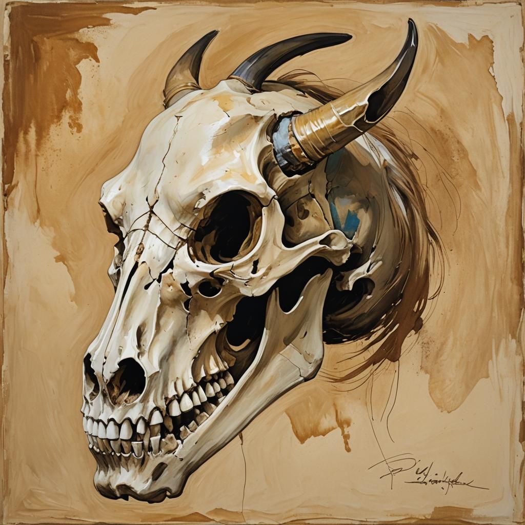 Horse Skull with Flowers in Gouache and Watercolor