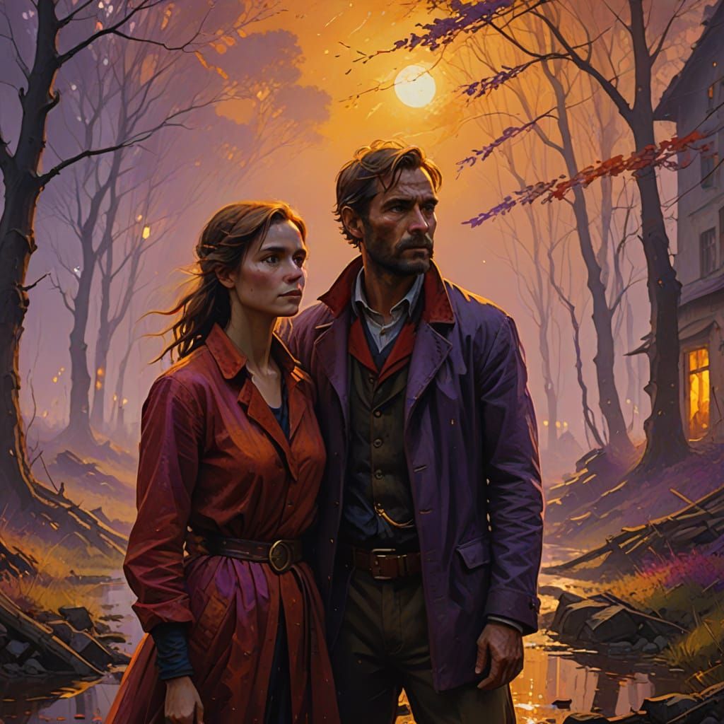 Golden Light Illuminates Figures in Oil Painting