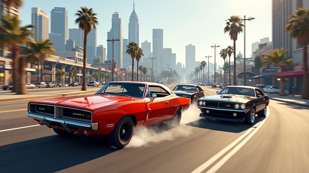 Vintage American Muscle Cars Speed Around LA Cityscape in GT...