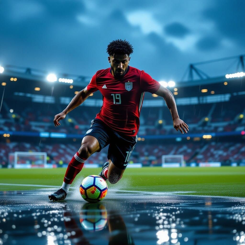 Fayaz Dribbles Football in Dramatic Stadium Lighting