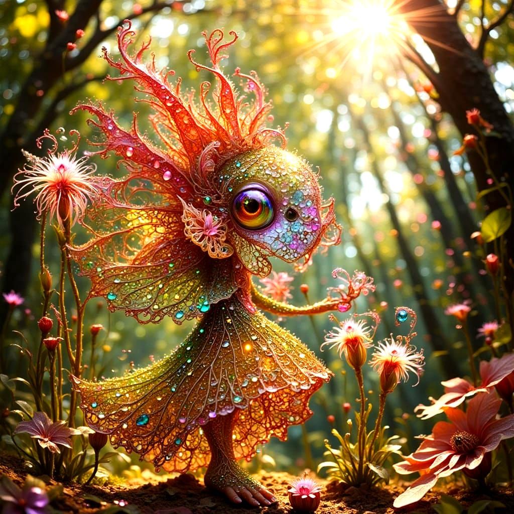 Whimsical Alien Dancer and Elf with Glittering Fractals