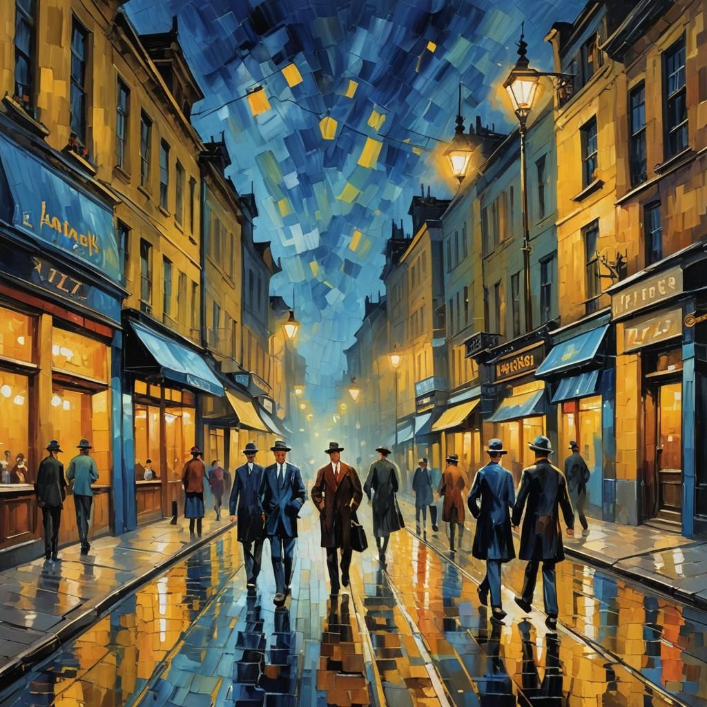 1920s Town at Night in Expressionist Oil Painting