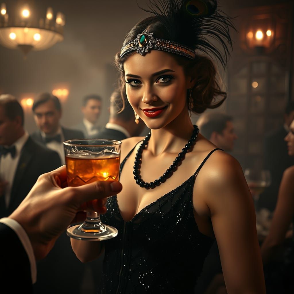 1920s Art Deco Speakeasy Toast in Volumetric Lighting