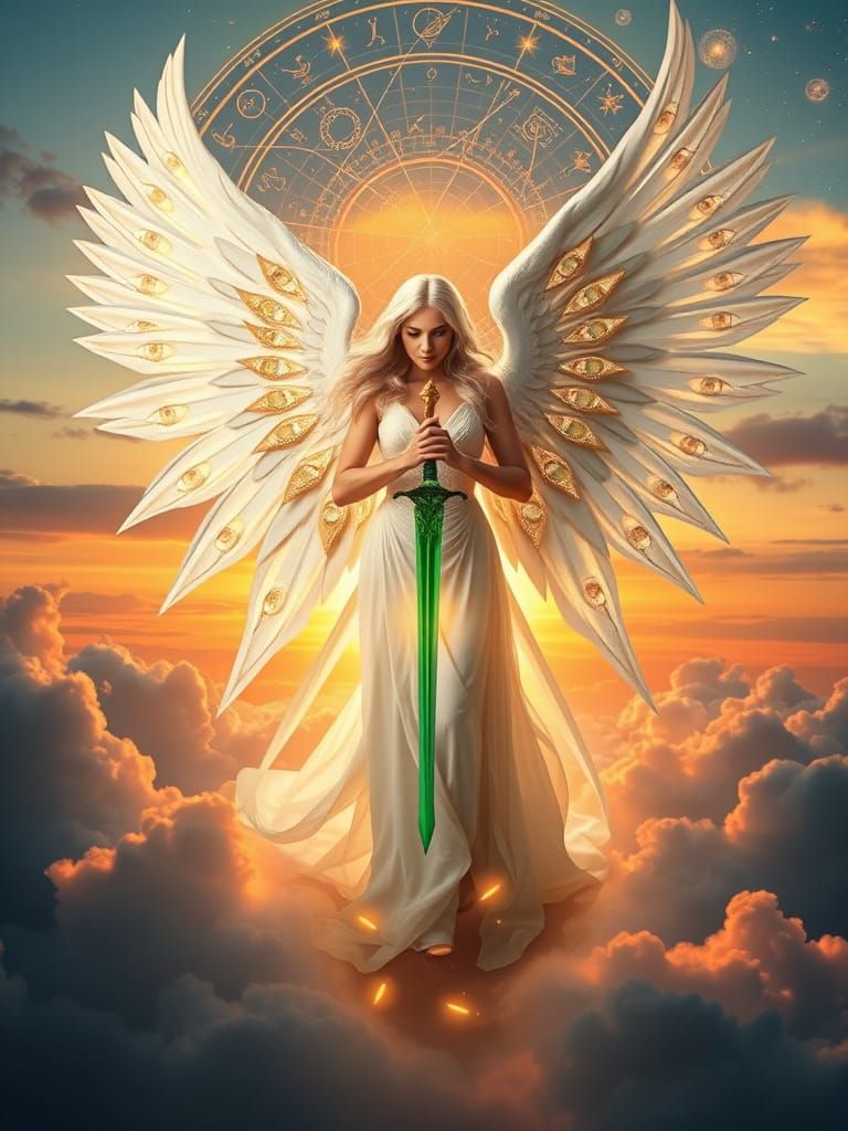 Silver Angel with Emerald Sword Ascending
