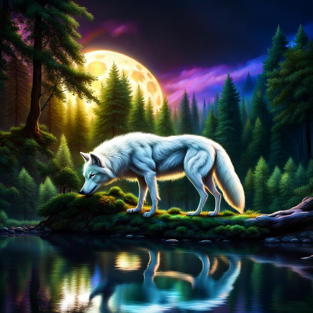 Sleeping White Wolf Under Full Moon: Digital Matte Painting