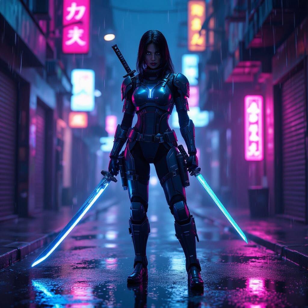 Cyberpunk Warrior with Katana in Neon Alleyway