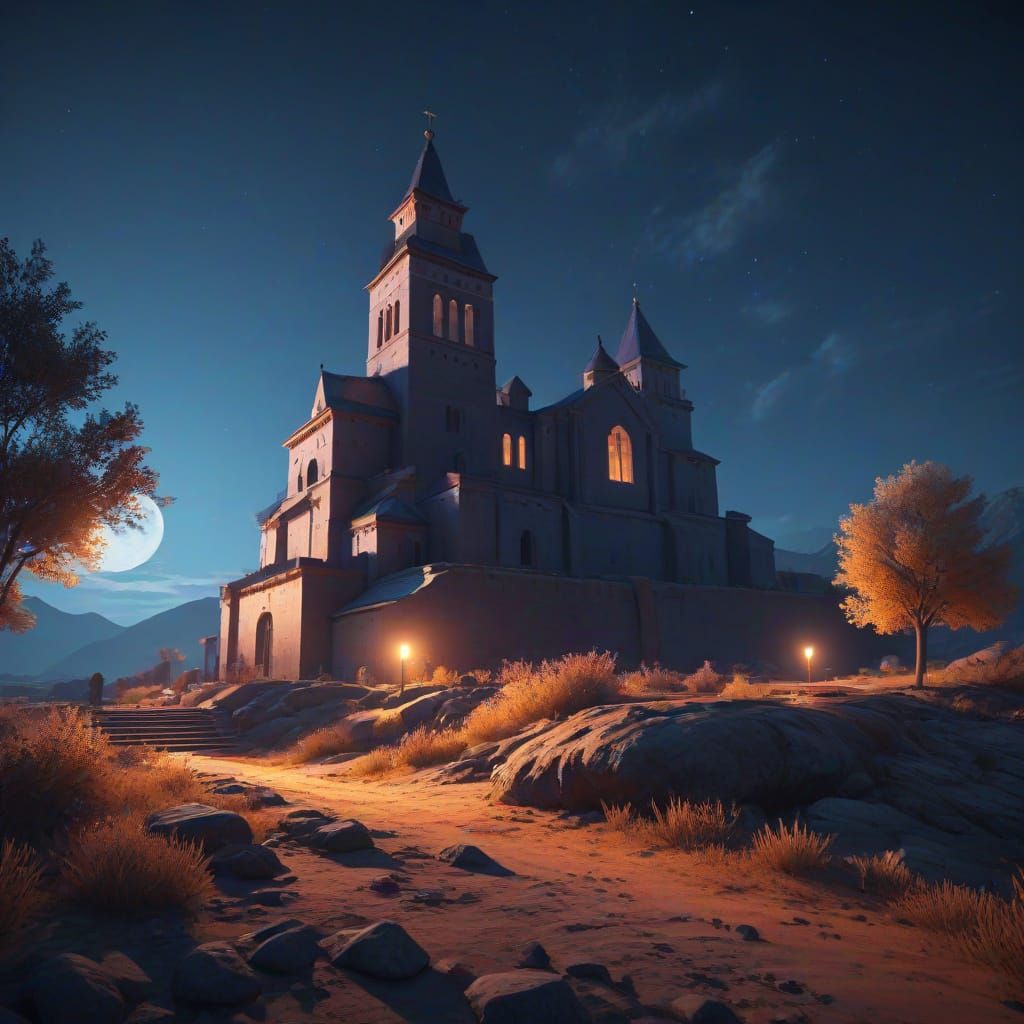 Suprematist Monastery in Barren Landscape, Geometric Art