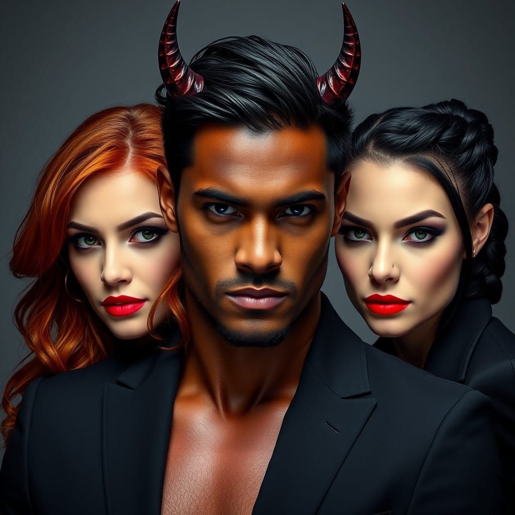 Sultry Devilish Threesome Portrait in Dark Romantic Style