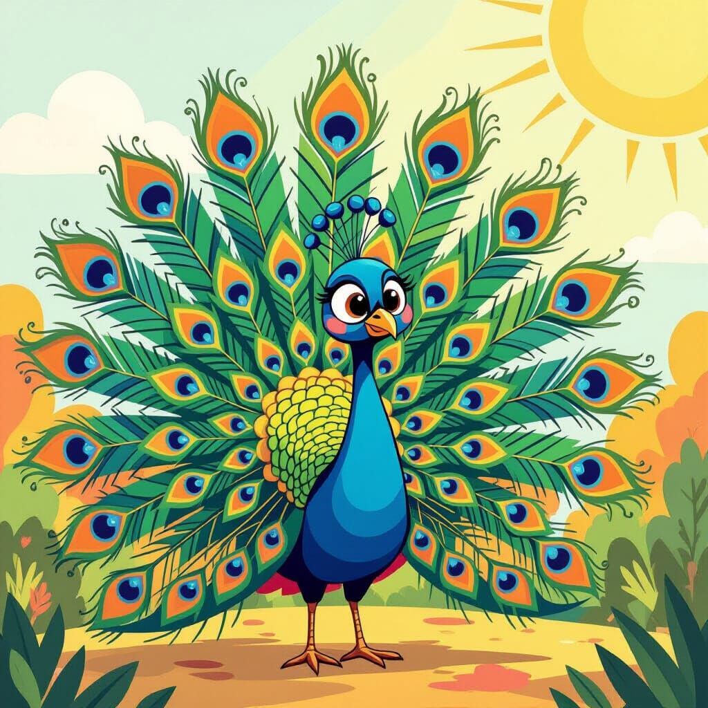 Vibrant Cartoon Peacock in Jewel Tones