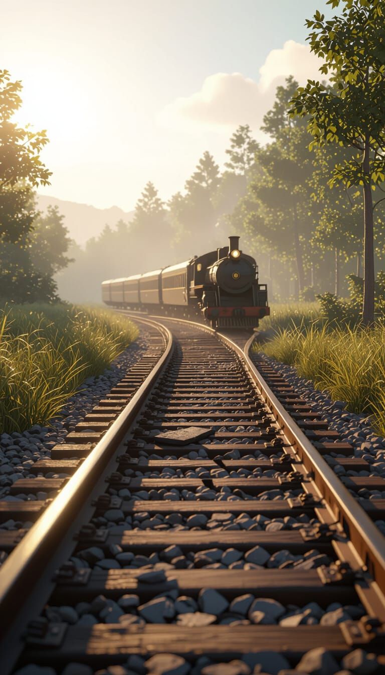 Robot X & Broken Train Track in Cinematic Low-Angle Shot