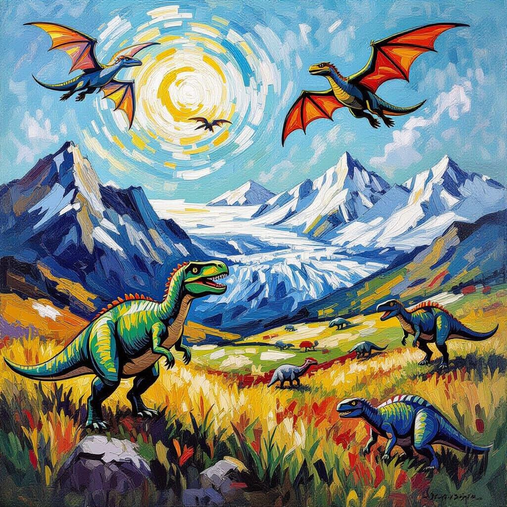 Dinosaurs Roam in Van Gogh Inspired Landscape