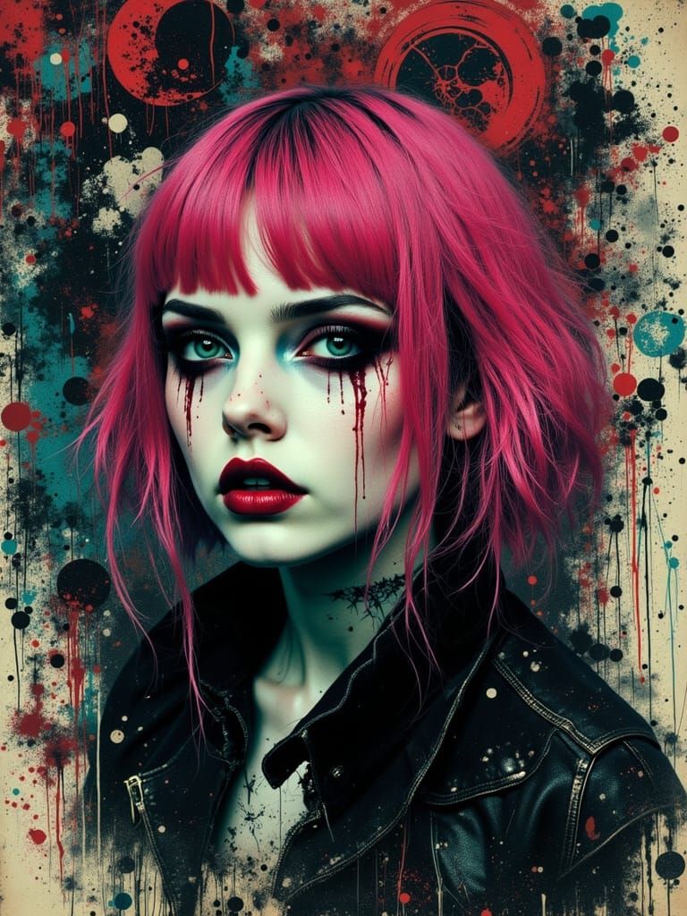 Gothic Despaircore Portrait of a Pink-Haired Vampiress