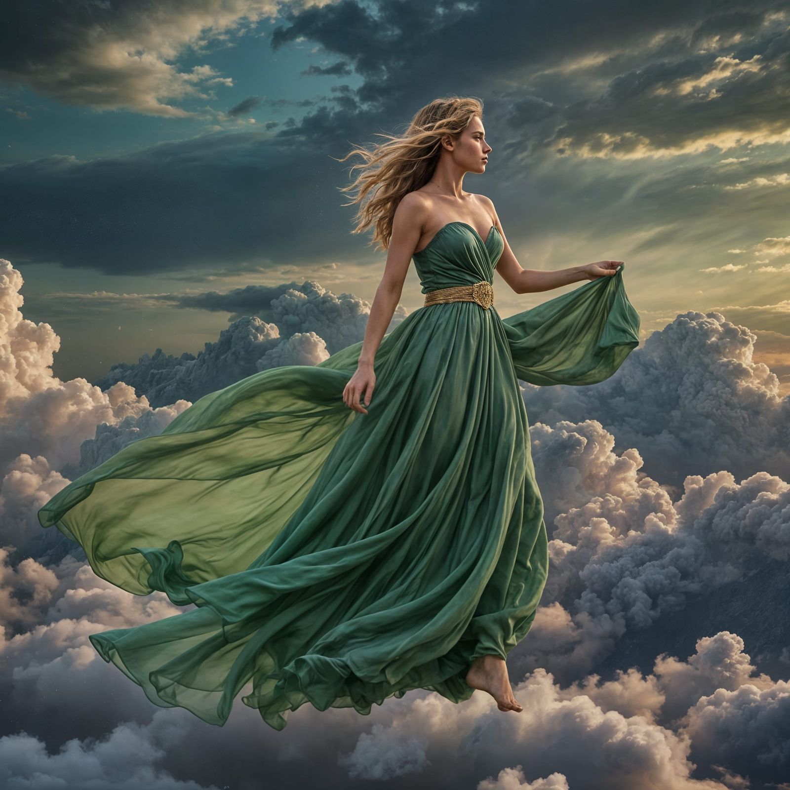 Cimmerian Woman Floats Above Clouds in Hyperrealism