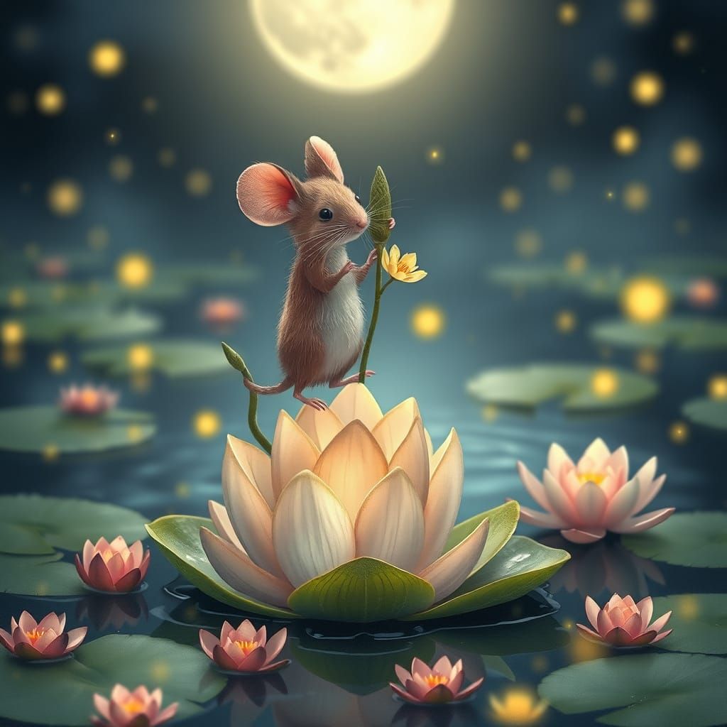 Whimsical Mice Surrounded by Blooming Florals at a Moonlit L...