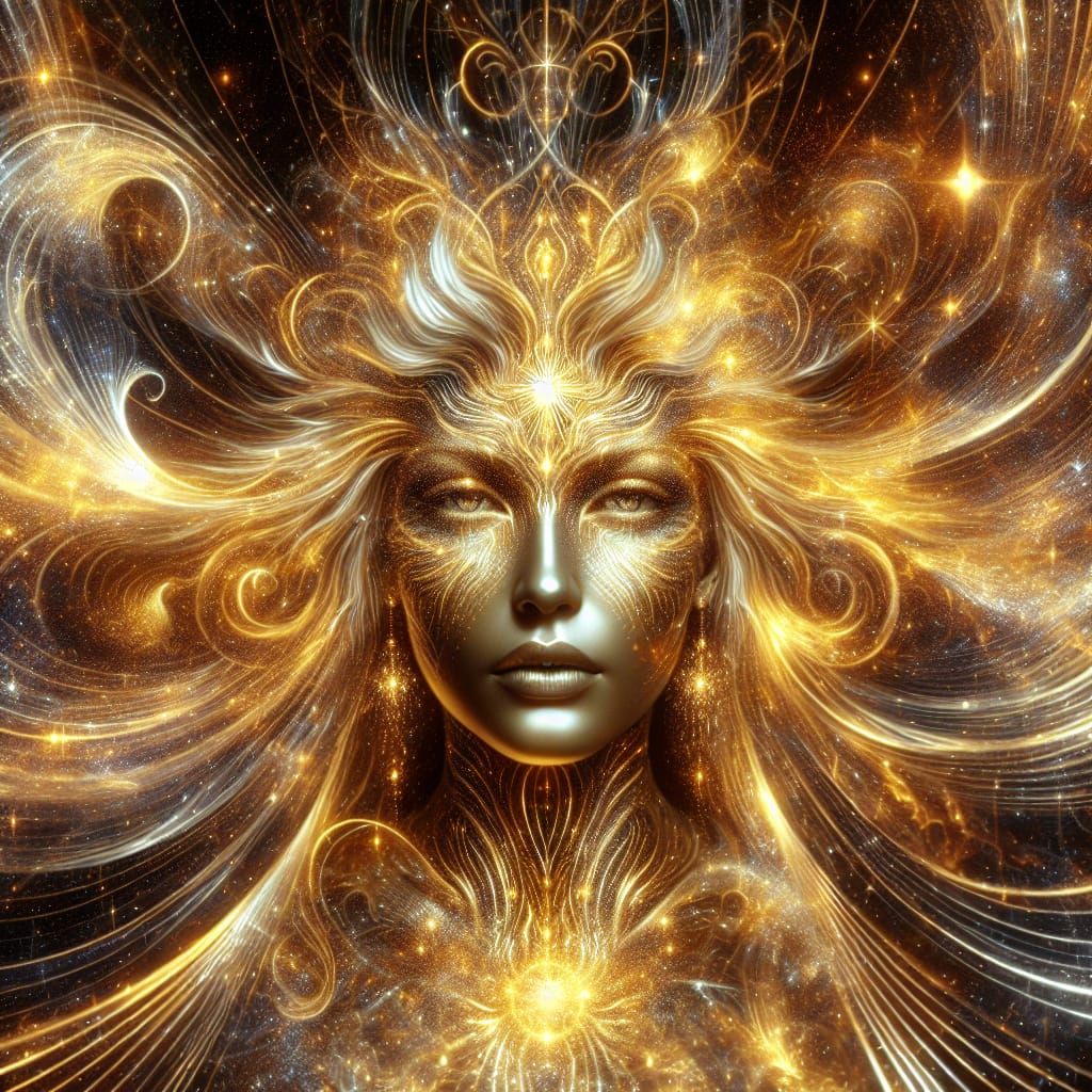 a 5d art portrait of a cosmic energy goddess in gold, beauti...