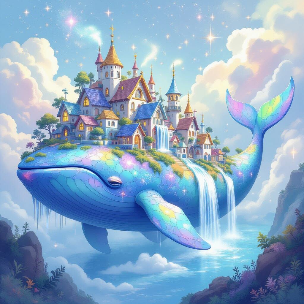 Celestial Whale Village in Ethereal Watercolor Style
