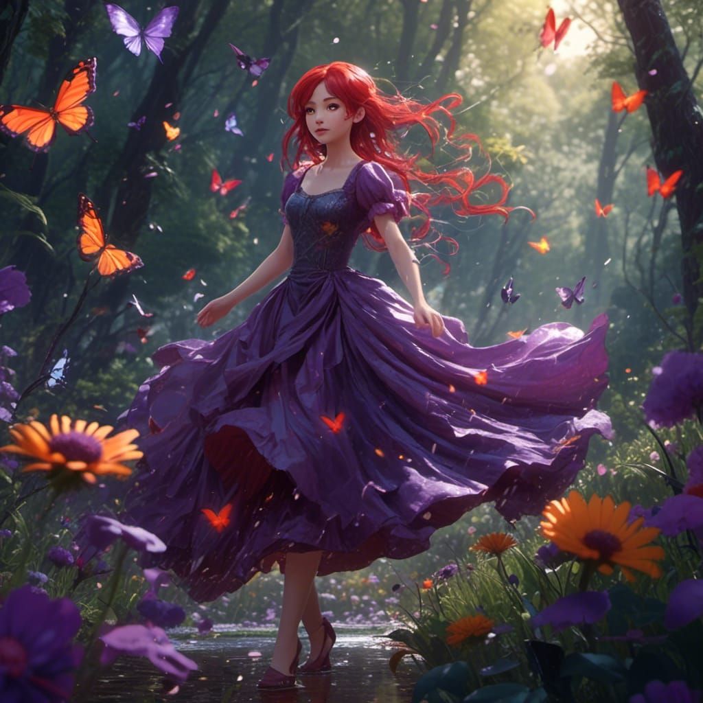 Anime Girl Dancing in Rainy Forest with Butterflies