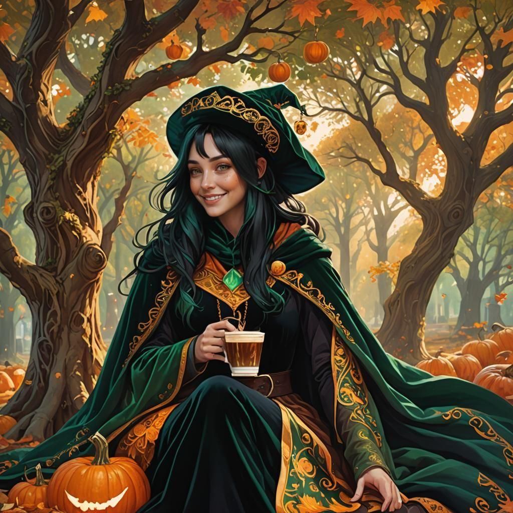Teen Witch with Pumpkin Spice Latte, Digital Painting