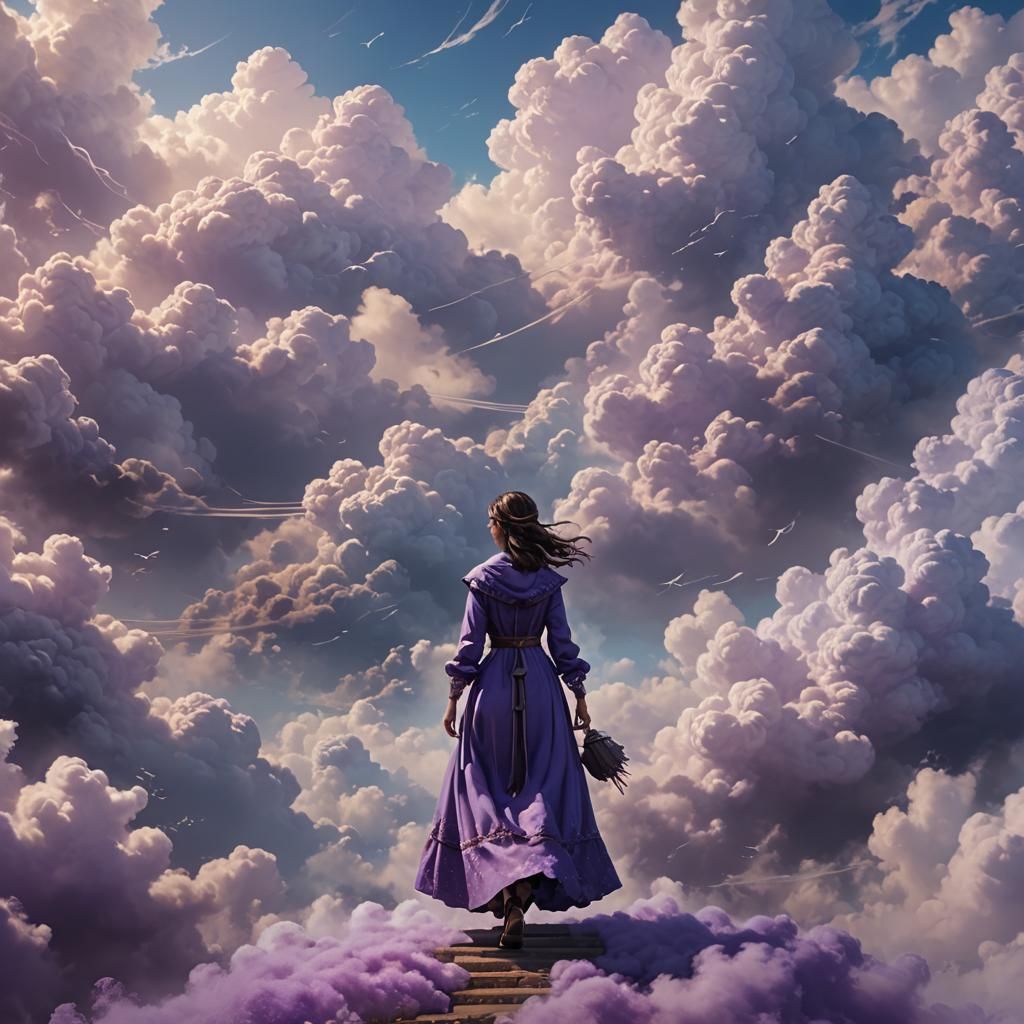 Girl Ascending Cloud Staircase in Fantasy Landscape