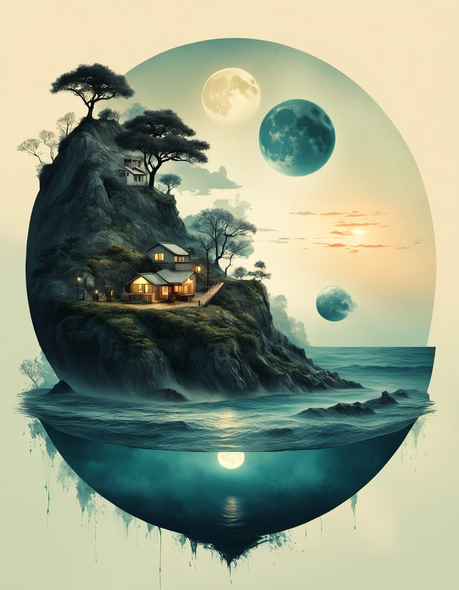 Surreal Sumi-e Moonscape with Earthly Elements