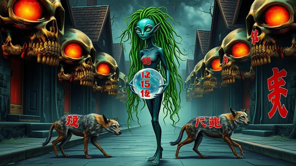 Alien Walks Surreal Street with Lottery Sphere