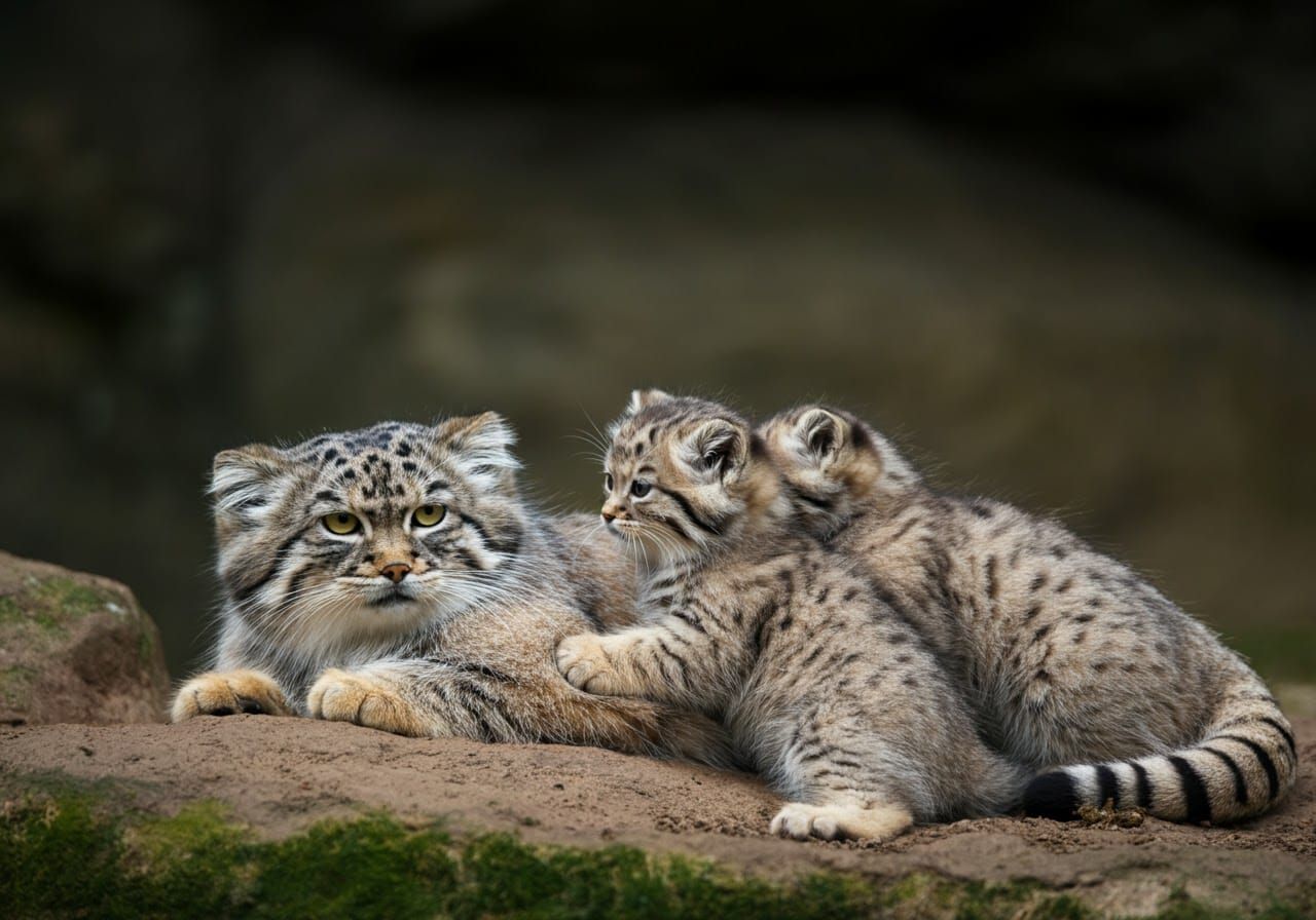Pallas's Cat Mother Watching Kittens Play