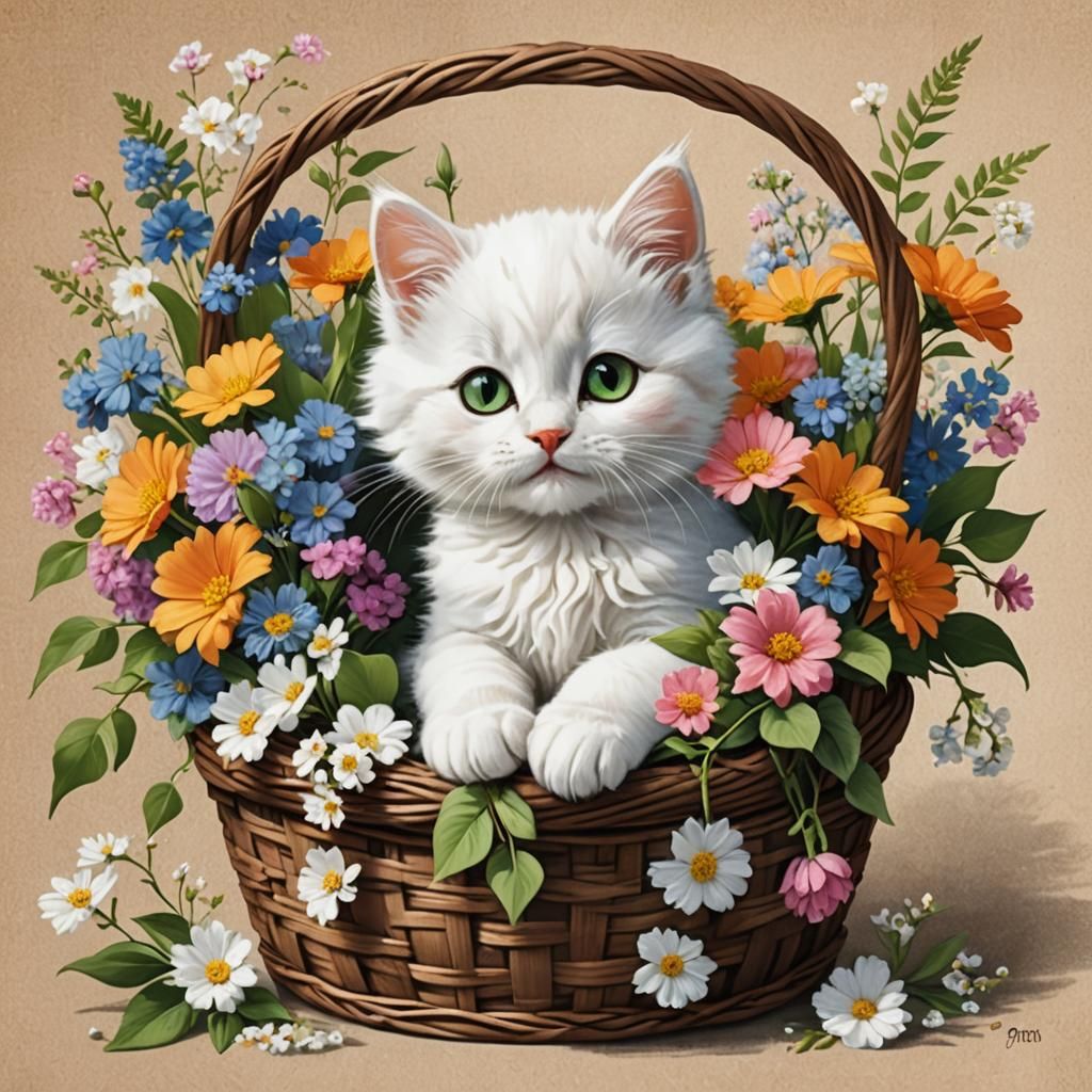 Fluffy White Kitten in Flower Basket, Watercolor Art