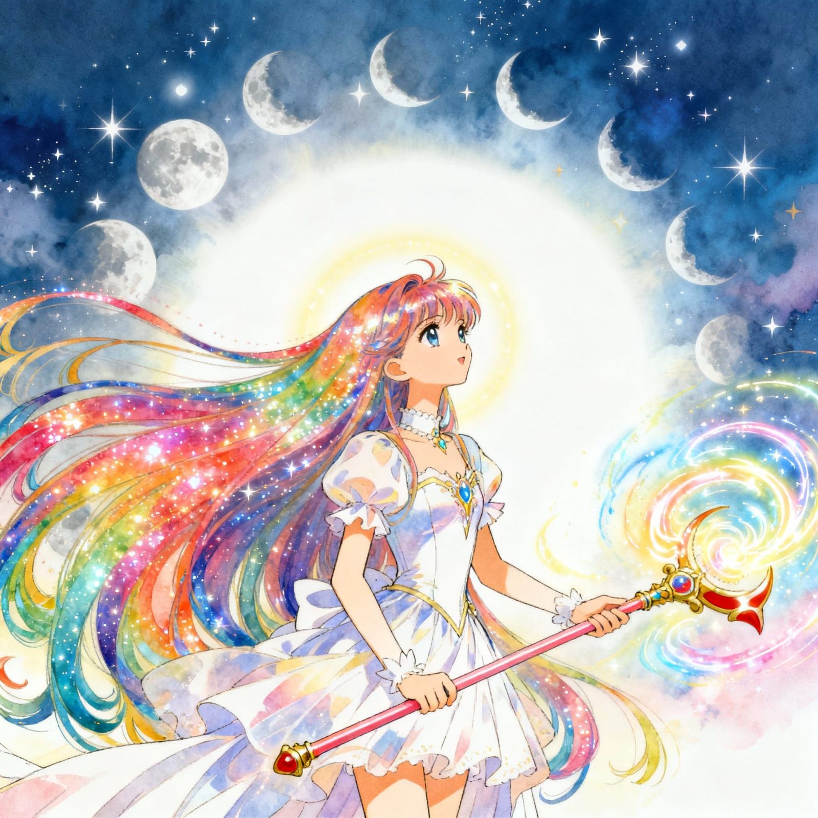 Anime Magical Girl Casting Spell with Celestial Background
