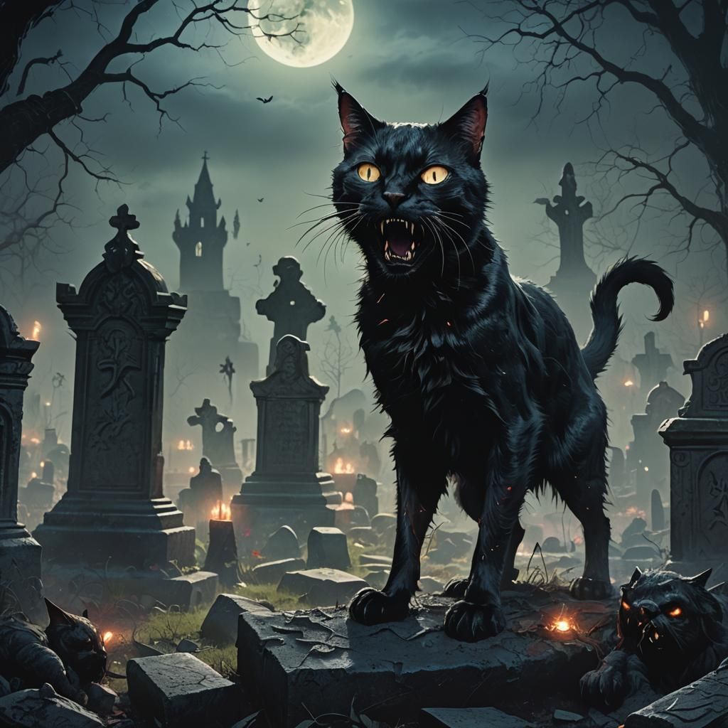 Zombie Black Cat in Graveyard: Dark Fantasy Art