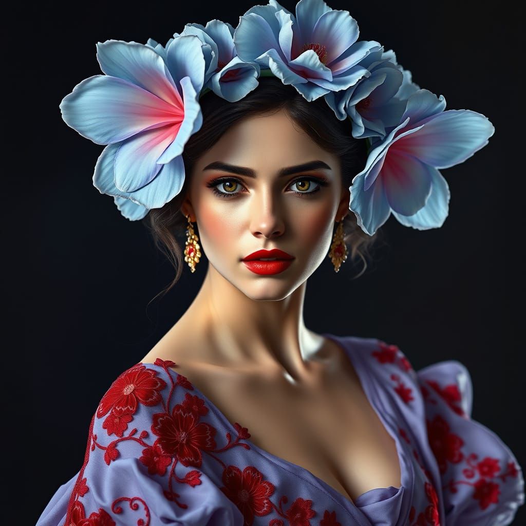 hyperrealistic woman, elegant pose, large light-blue flower crown/headpiece, softly draped, light-purple/lavender gown, ...