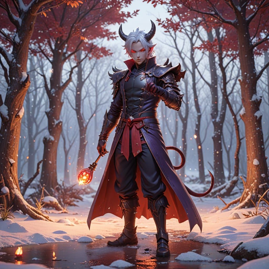 Vibrant Anime Devil with Plum-Purple Skin and Glowing Red Ey...