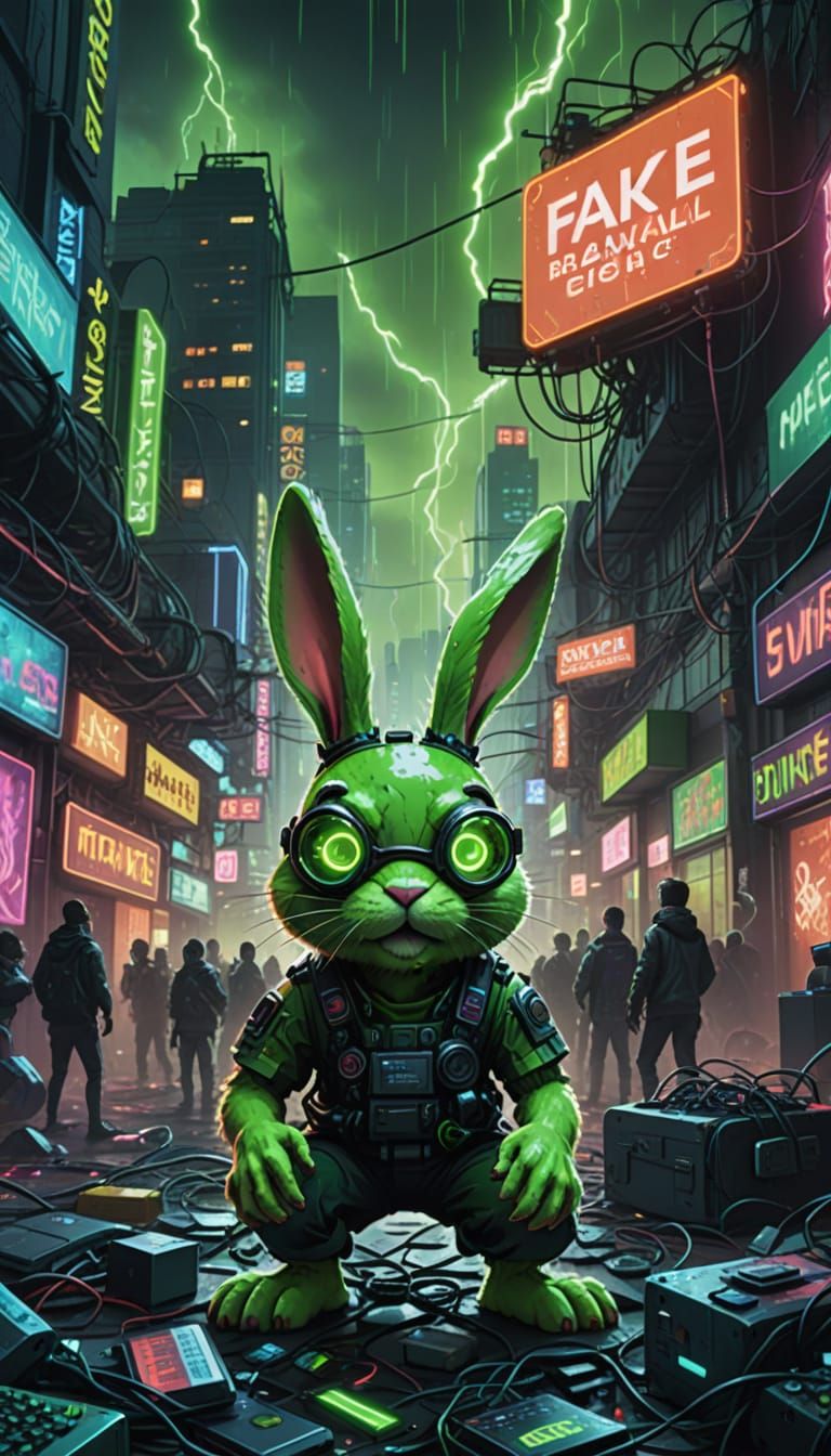 Neon Green Cyberpunk Rabbit Fights Fake News in Vibrant Digi...